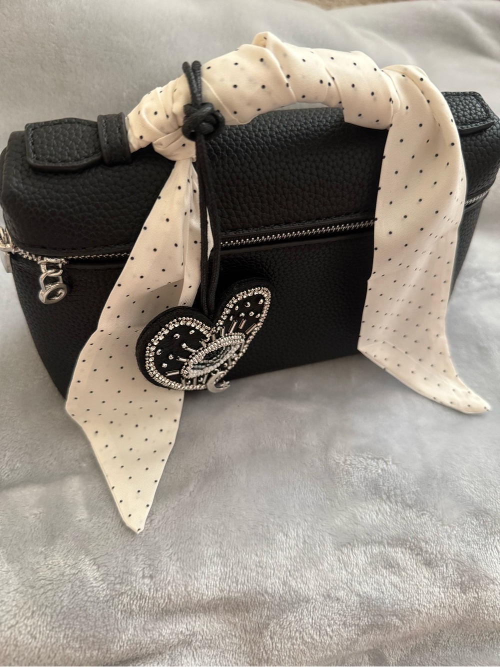Black Pebbled Cosmetic Case with Polka Dot Scarf Accent